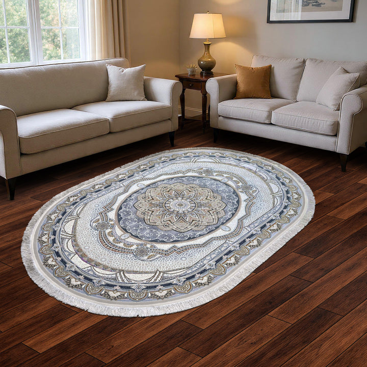 Pearl White & Charcoal Persian Oval Rug 5X8 FT