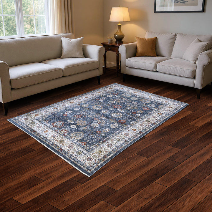 Steel Blue Floral Turkish Rug 5X8 FT