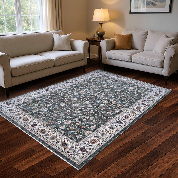 Forest Green Floral Turkish Rug 7x10 ft