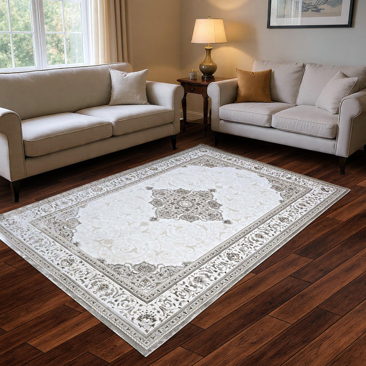 Bright White Floral Turkish Rug 7x10 ft
