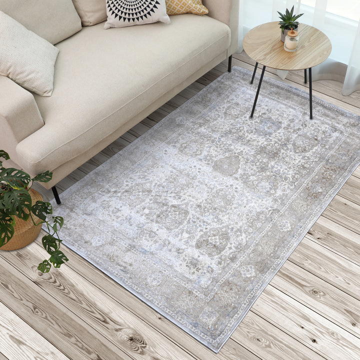 Grey Beige Floral Turkish Rug 5X8 ft