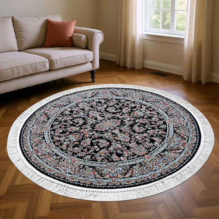 Black & Grey Floral Persian Round Rug 5x5 Ft