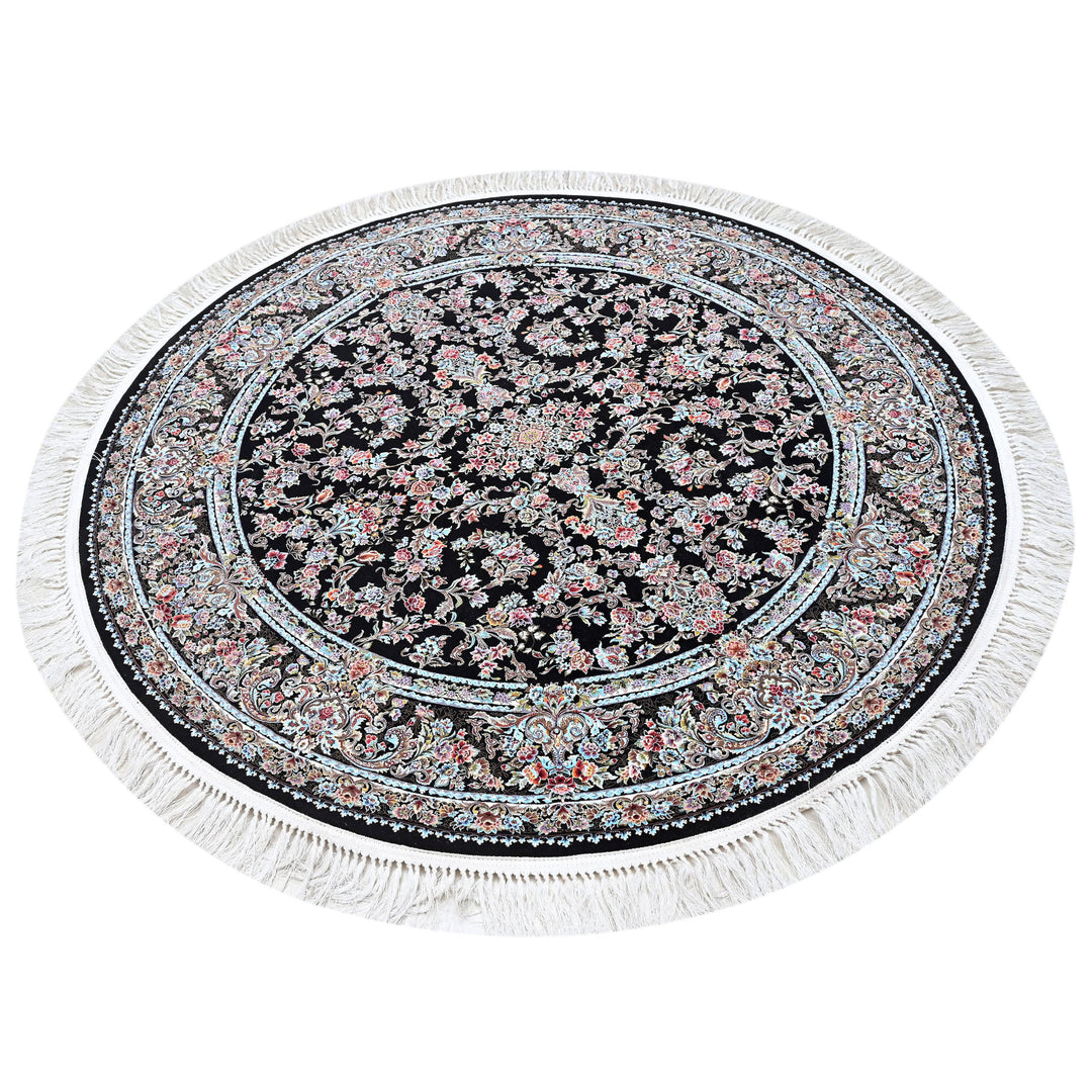 Black & Grey Floral Persian Round Rug 5x5 Ft