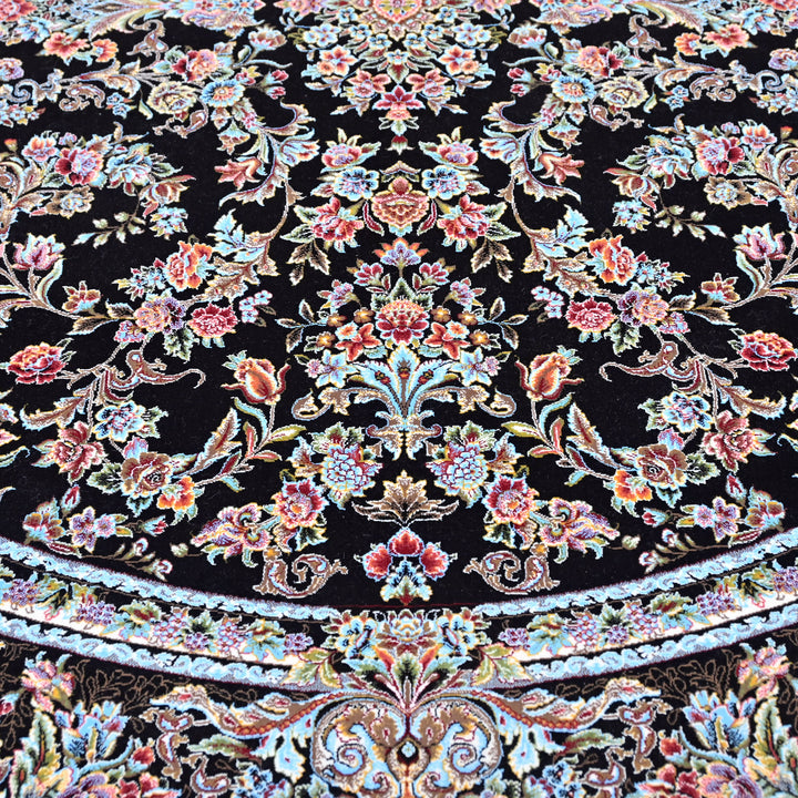 Black & Grey Floral Persian Round Rug 5x5 Ft