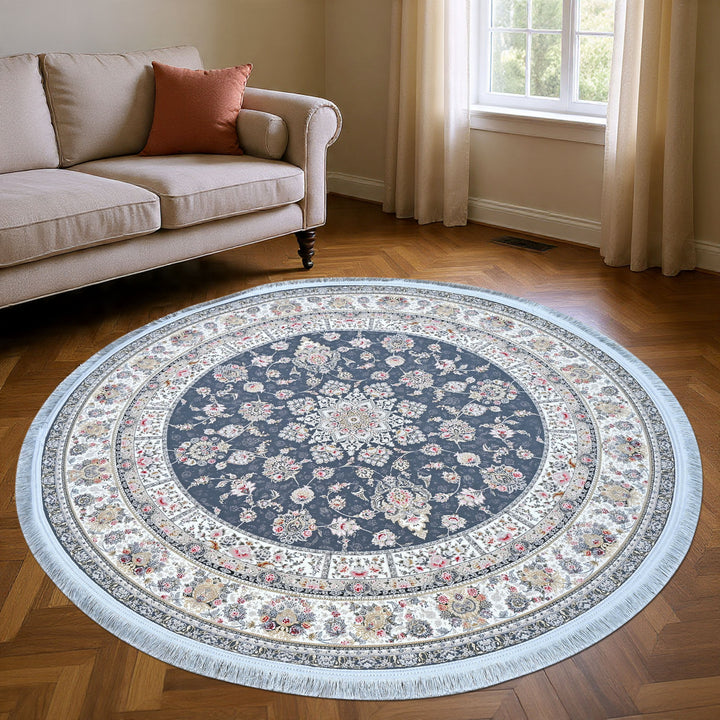 Navy & Cream Persian Round Rug 5x5 Ft