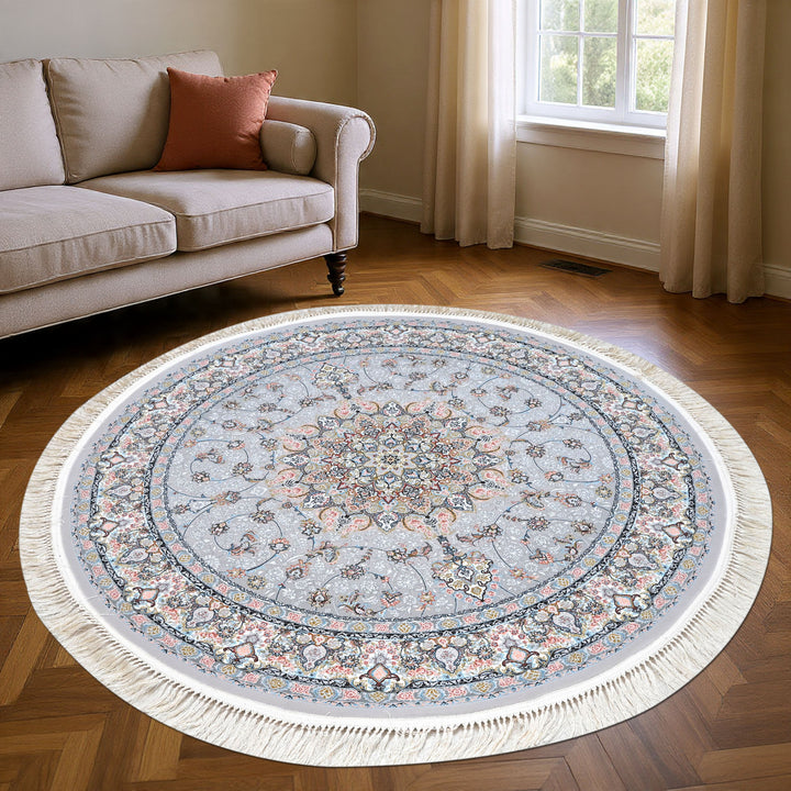 Grey & Blue Floral Persian Round Rug 5x5 Ft