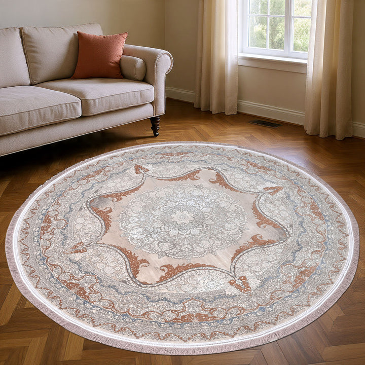 Beige & Silver Floral Persian Round Rug 5x5 Ft