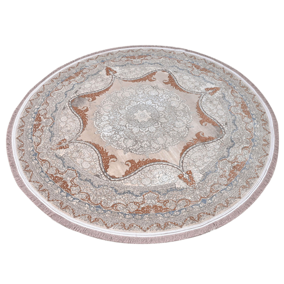 Beige & Silver Floral Persian Round Rug 5x5 Ft