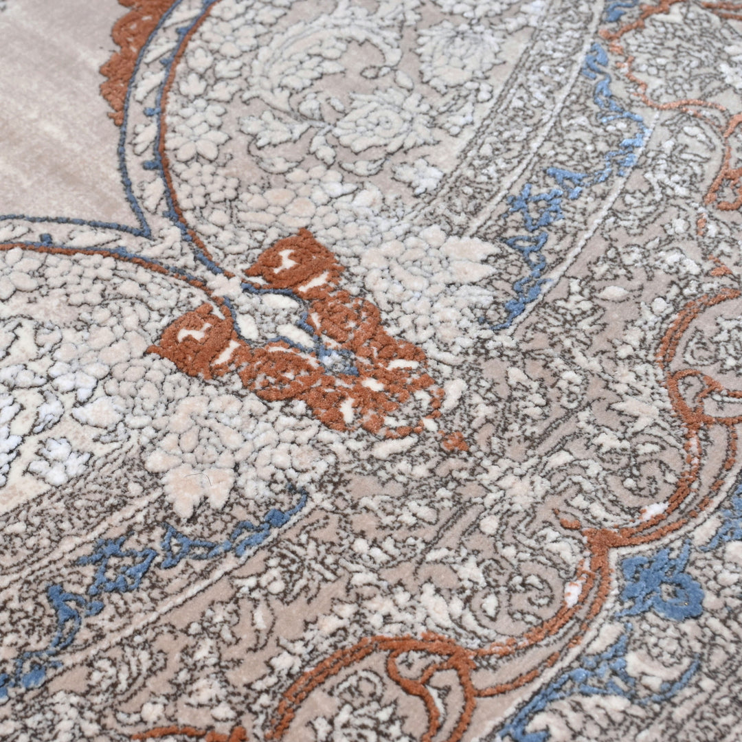 Beige & Silver Floral Persian Round Rug 5x5 Ft