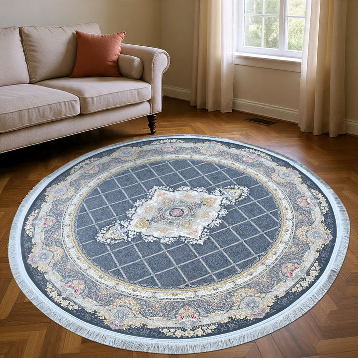 Blue & Grey Geometric Persian Round Rug 5x5 Ft