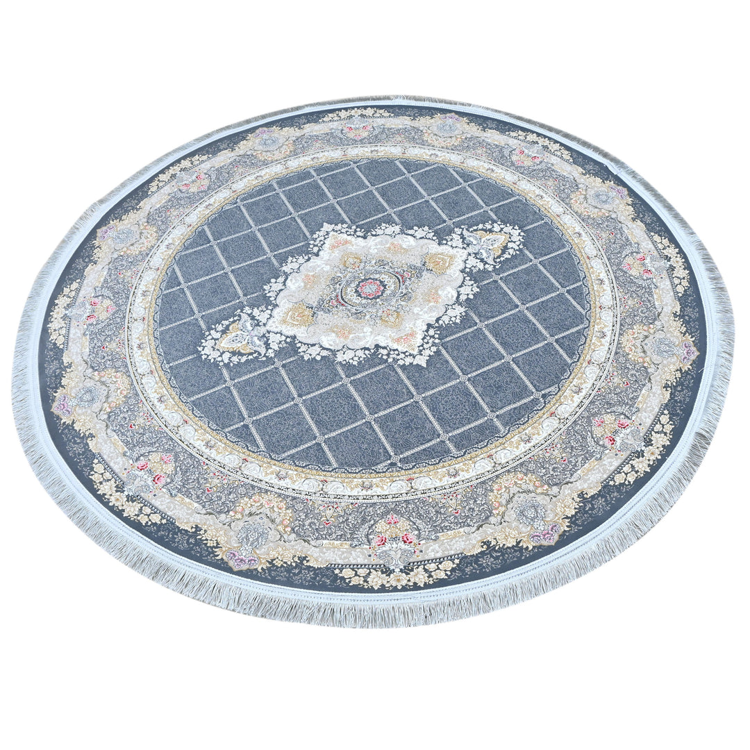 Blue & Grey Geometric Persian Round Rug 5x5 Ft