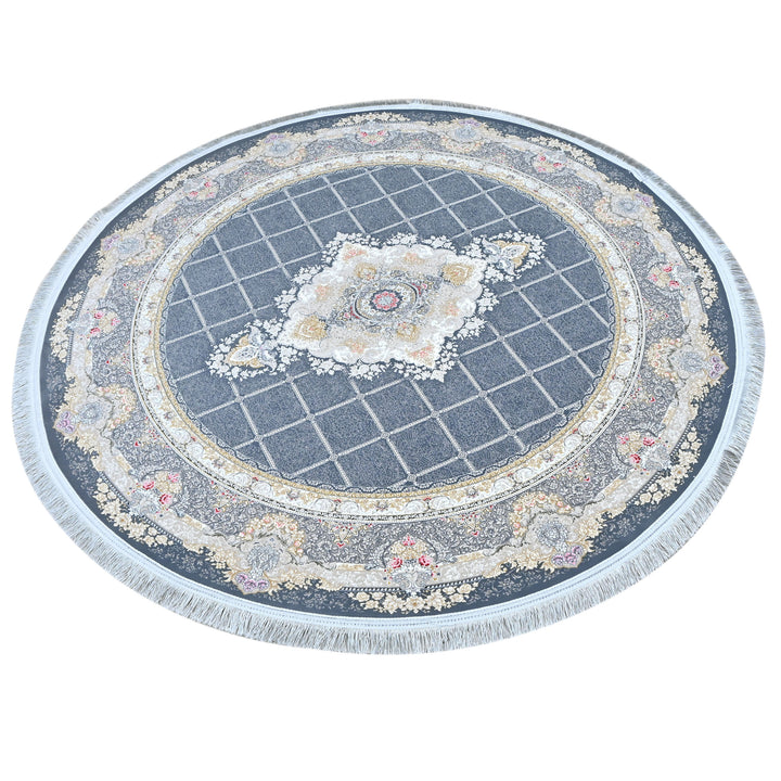 Blue & Grey Geometric Persian Round Rug 5x5 Ft