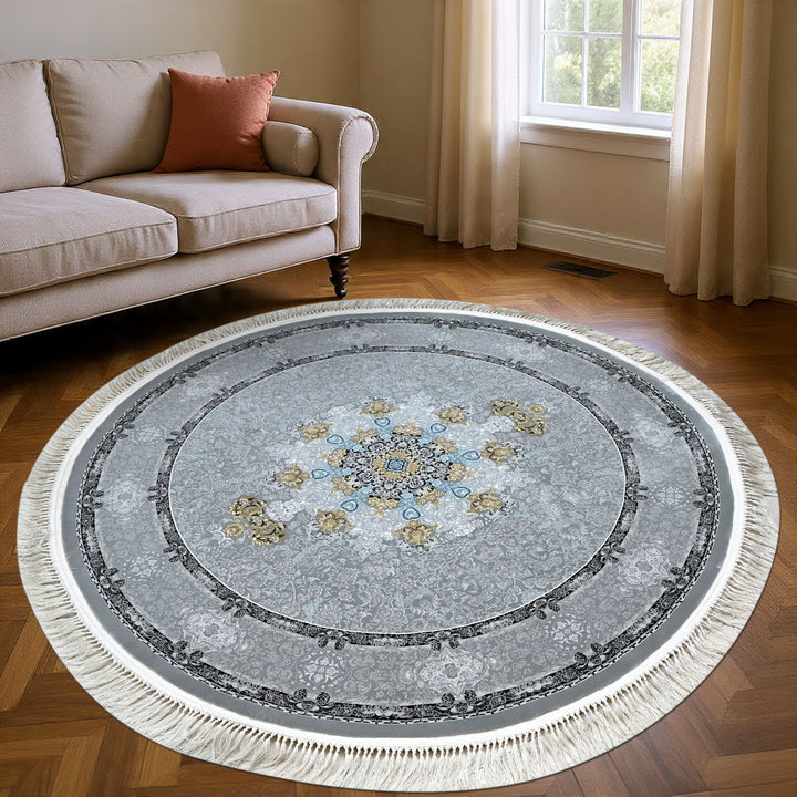Light Blue & Grey Persian Round Rug 5x5 Ft