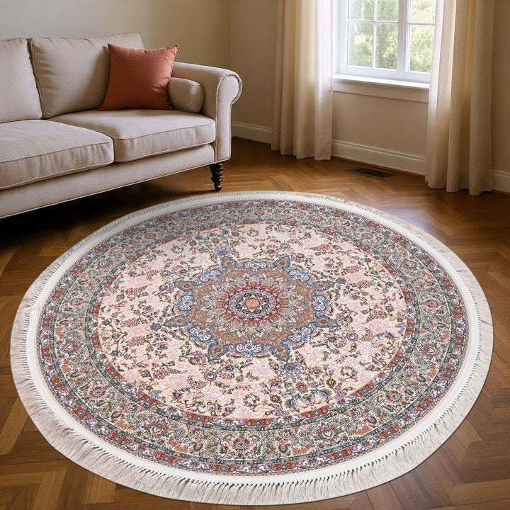 Cream & Pink Persian Round Rug 5x5 Ft