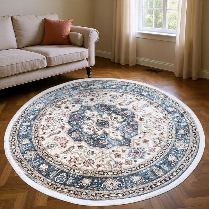 Cream & Blue Persian Round Rug 5x5 Ft