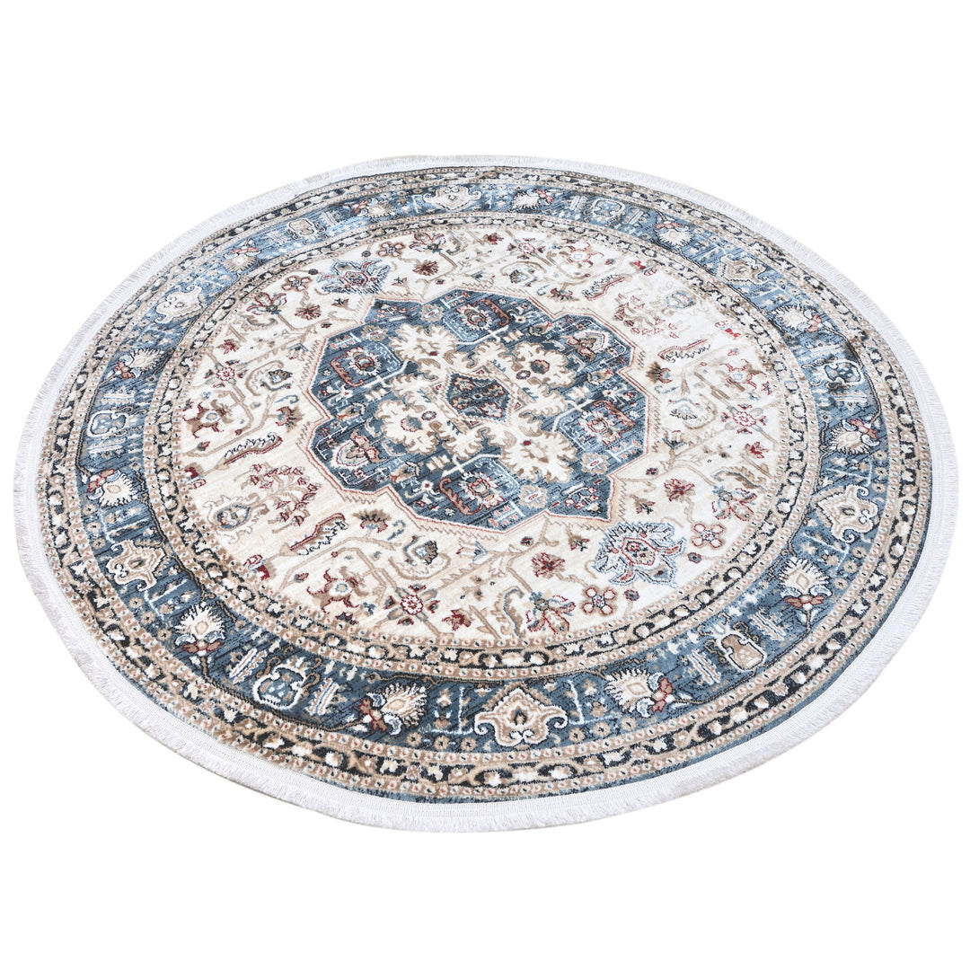 Cream & Blue Persian Round Rug 5x5 Ft
