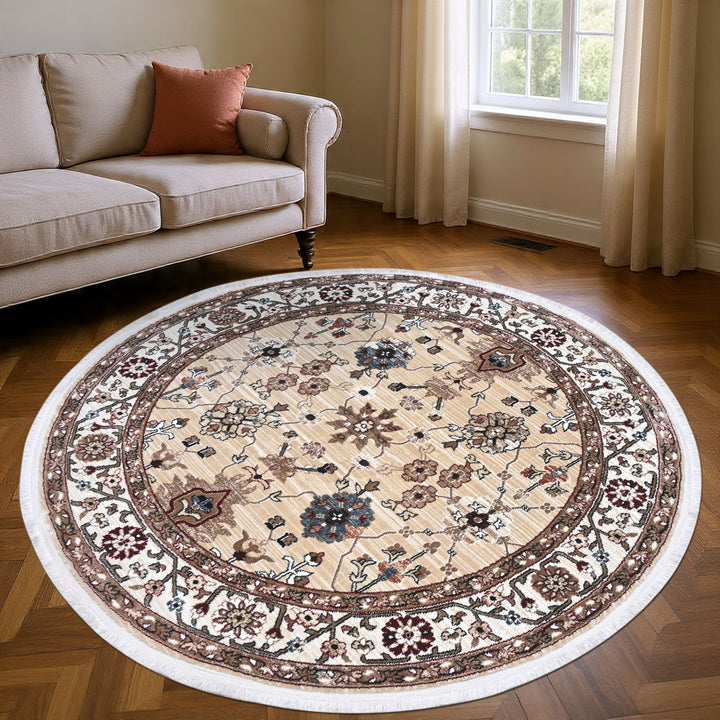 Beige & Cream Persian Round Rug 5x5 Ft
