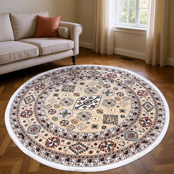Beige & Brown Persian Round Rug 5x5 Ft