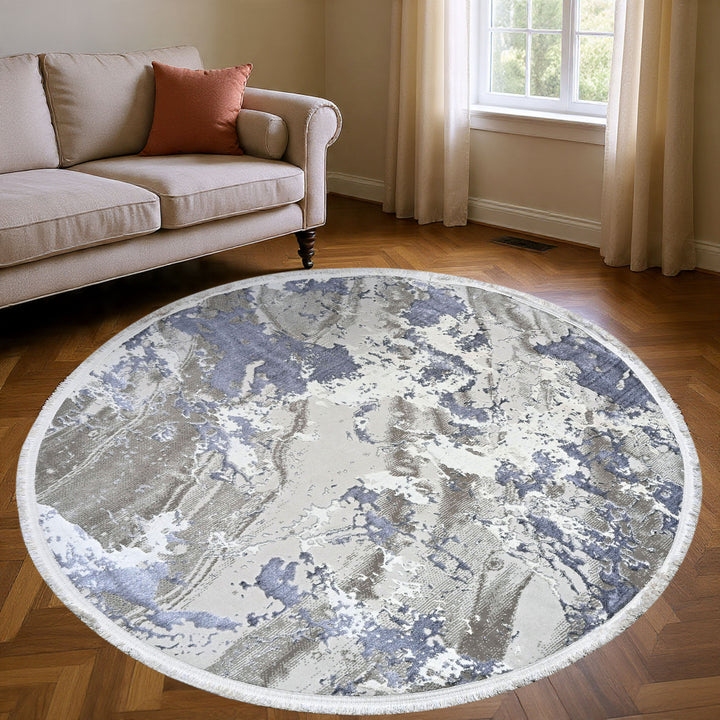 Blue & Grey Abstract Turkish Round Rug 5x5 ft