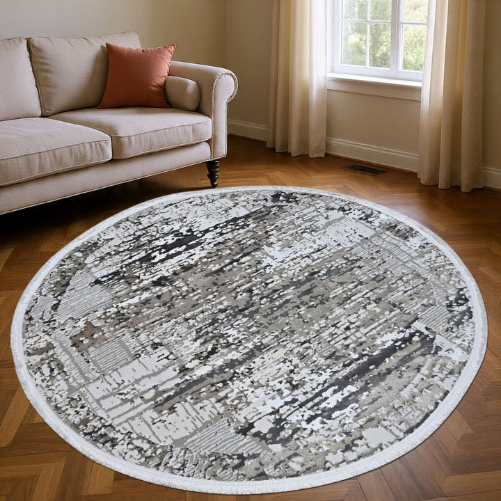 Silver & Grey Abstract Turkish Round Rug 5x5 ft