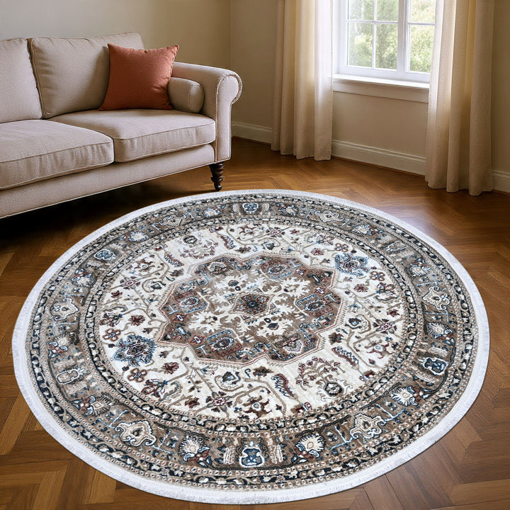 Cream & Grey Persian Round Rug 5x5 Ft