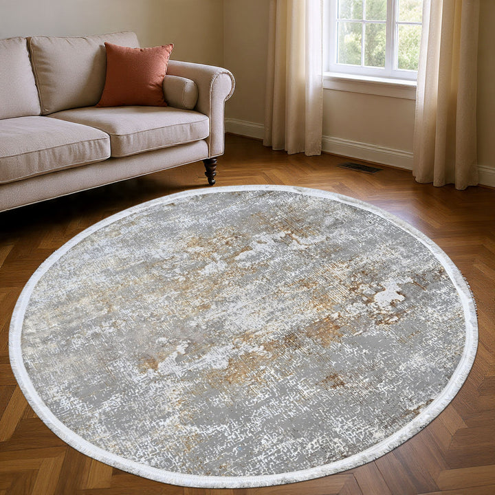 Grey & Beige Abstract Turkish Round Rug 5x5 ft