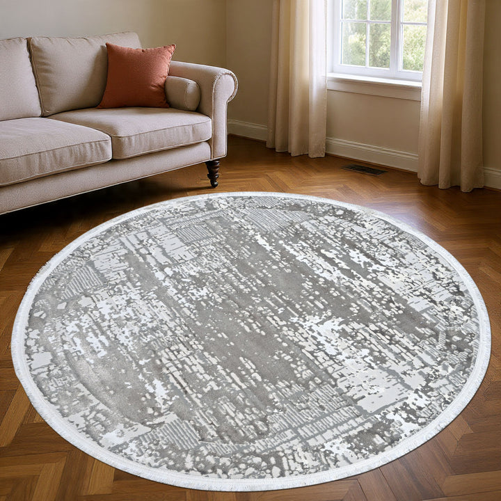 Grey & White Abstract Turkish Round Rug 5x5 ft