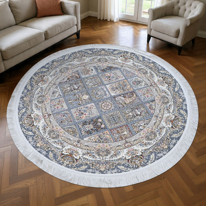 Grey & Beige Floral Persian Round Rug 3x3 Ft