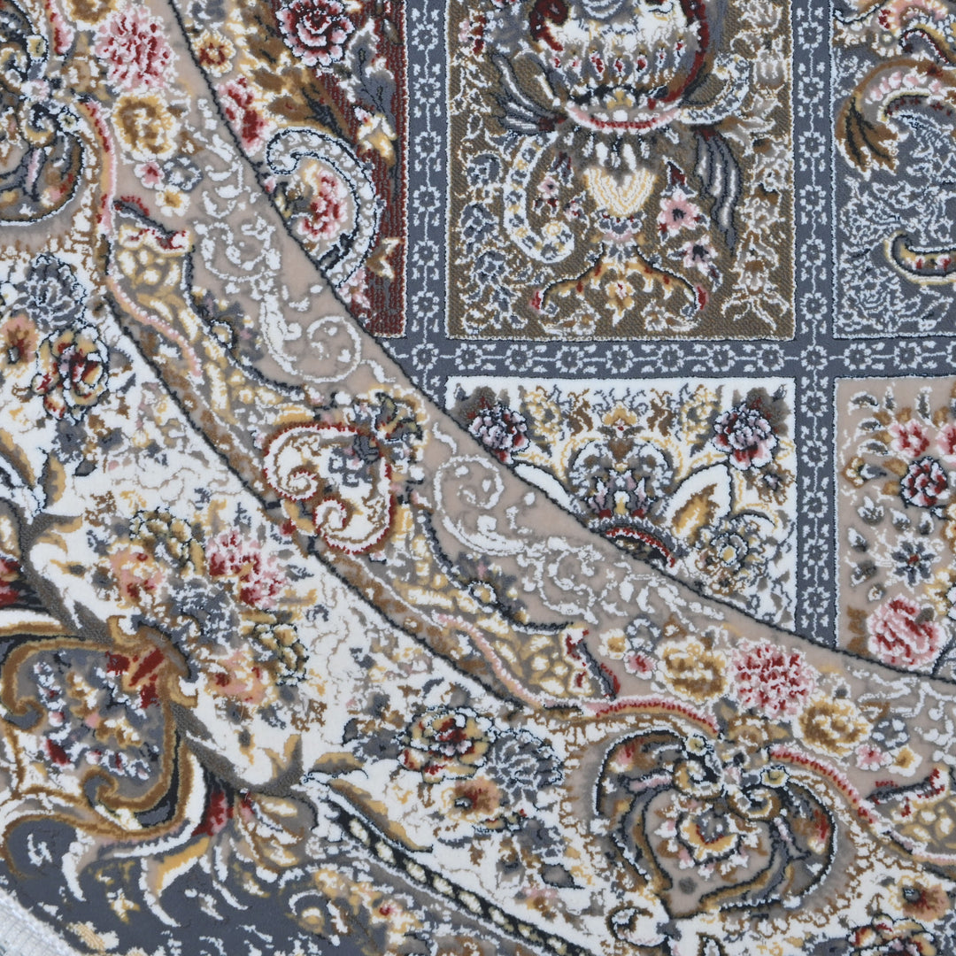 Grey & Beige Floral Persian Round Rug 3x3 Ft