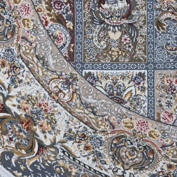 Grey & Beige Floral Persian Round Rug 3x3 Ft