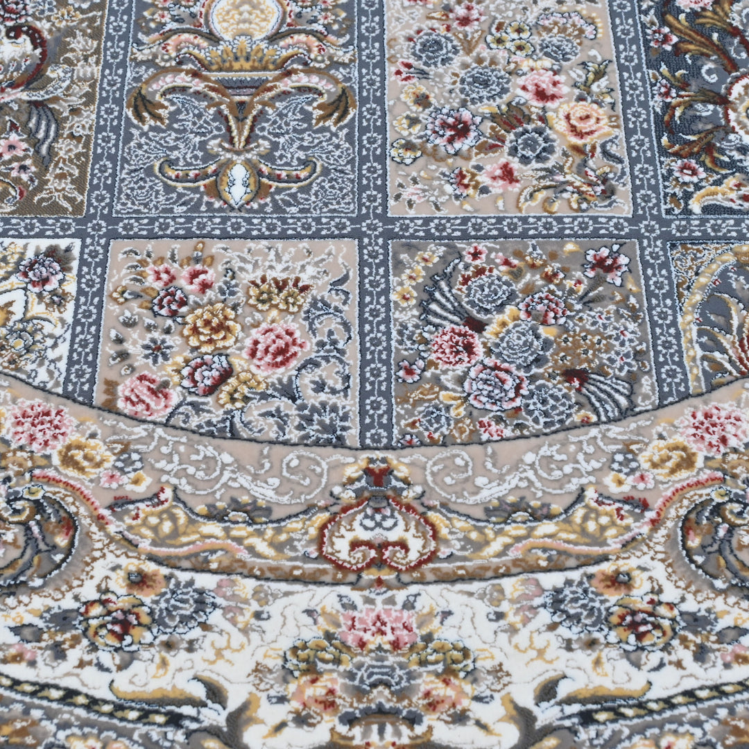 Grey & Beige Floral Persian Round Rug 3x3 Ft