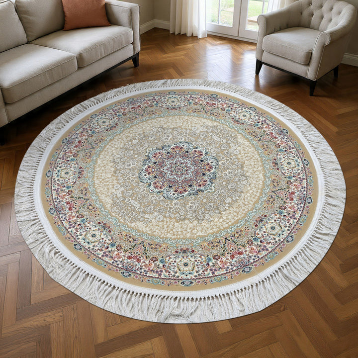 Beige & Cream Floral Persian Round Rug 3x3 Ft