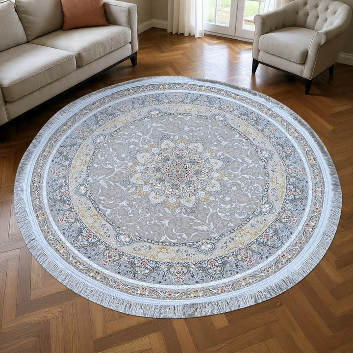 Grey & Blue Floral Persian Round Rug 3x3 Ft