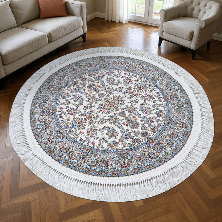 Grey & Beige Floral Persian Round Rug 3x3 Ft
