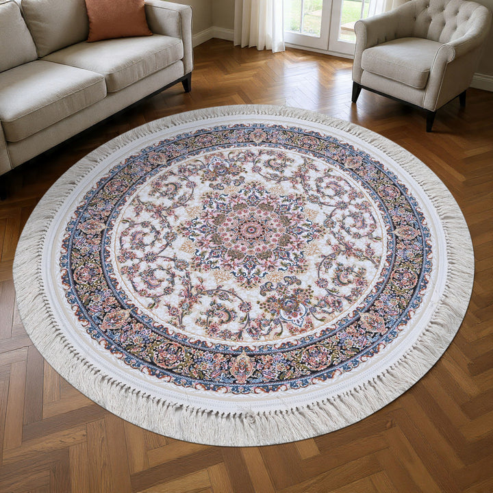 vory & Beige Floral Persian Round Rug 3x3 Ft
