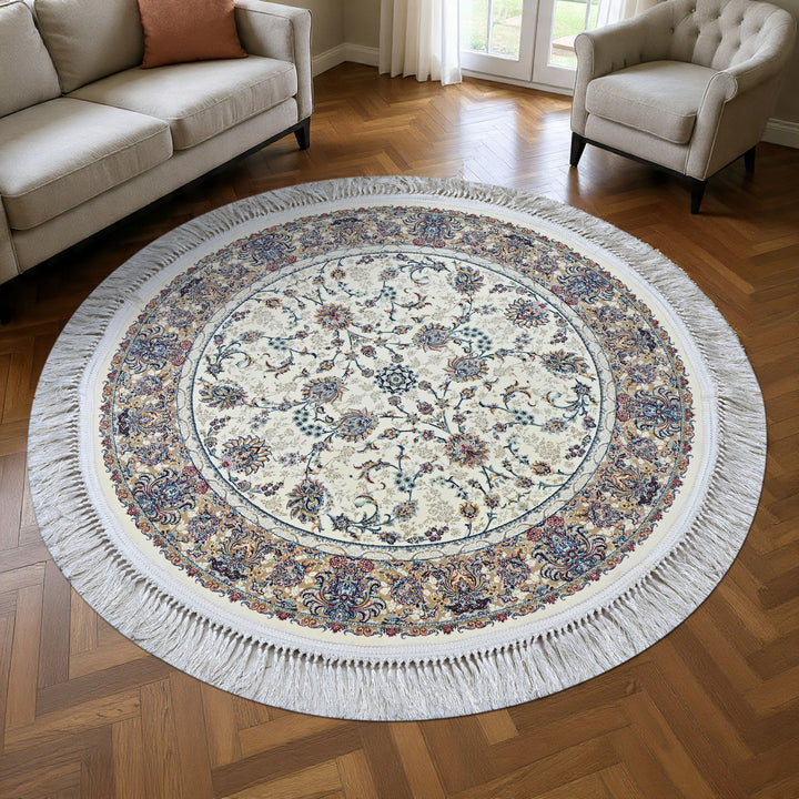 vory & Beige Floral Persian Round Rug 3x3 Ft
