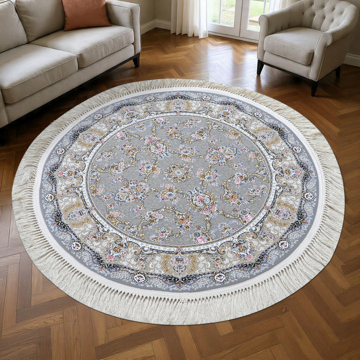 Grey & Blue Floral Persian Round Rug 3x3 Ft