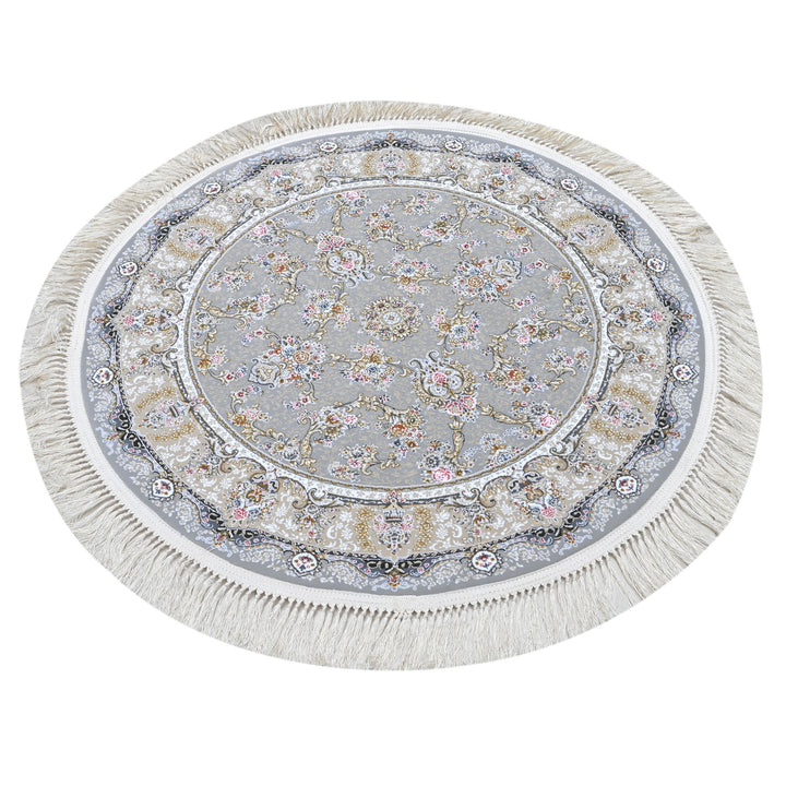 Grey & Blue Floral Persian Round Rug 3x3 Ft