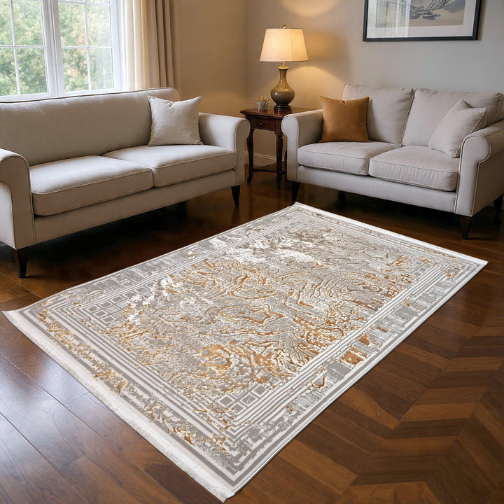 Grey & Gold Abstract Turkish Rug 4x6 Ft