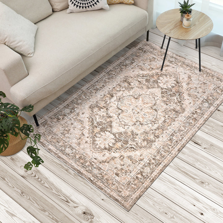 Light Beige Floral Turkish Rug 5x8 Ft