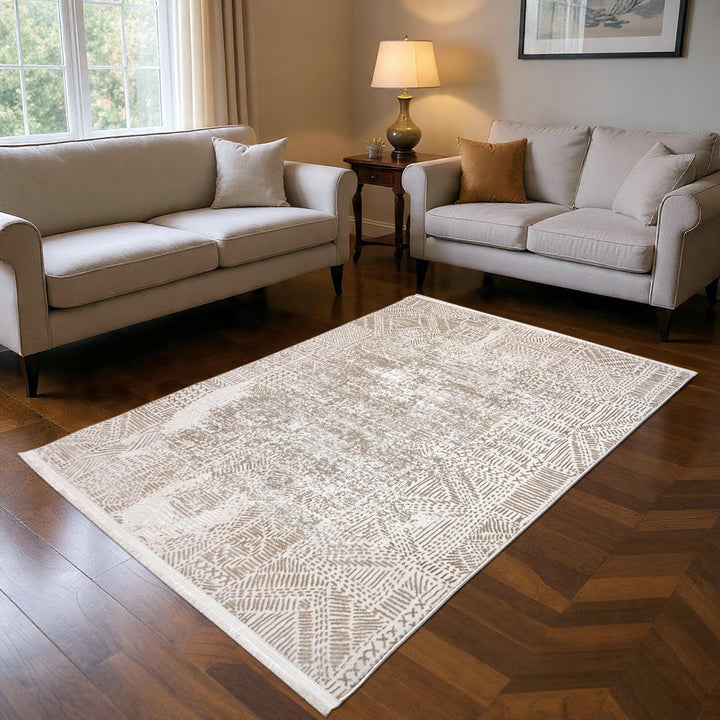 Beige & White Abstract Turkish Rug 4x6 Ft