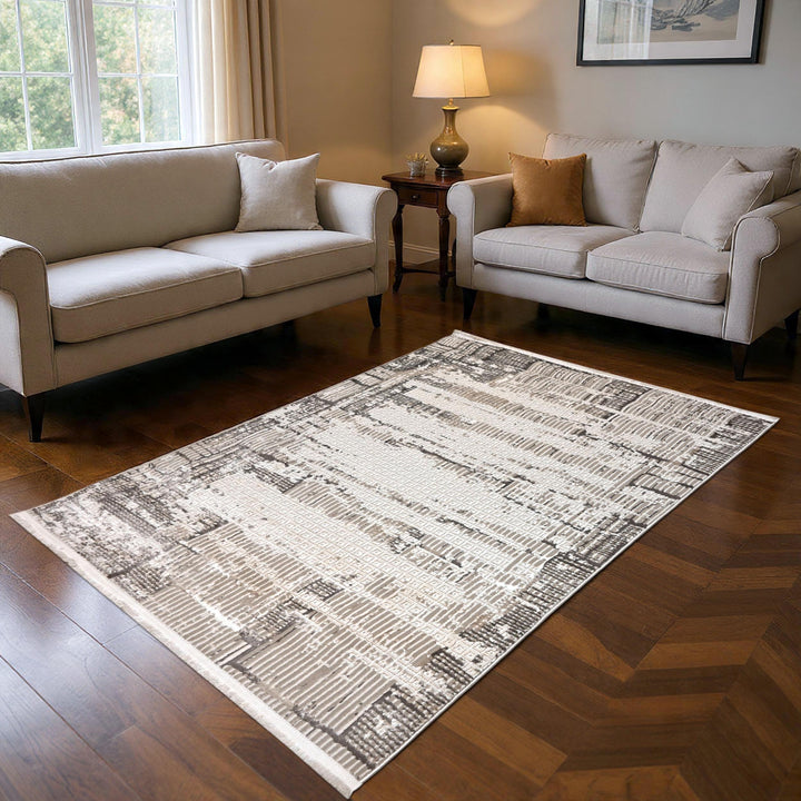 Grey & Beige Abstract Turkish Rug 4x6 Ft