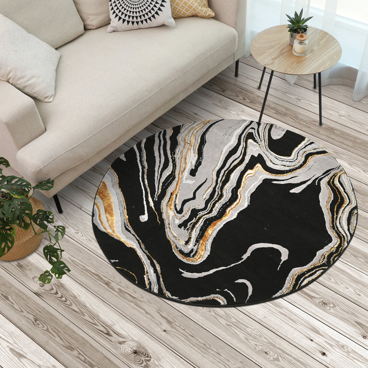 Black & Grey Waves Turkish Round Rug 5x5 ft