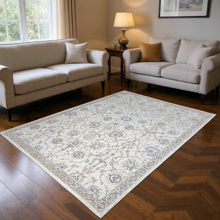Ivory Grey Floral Turkish Rug 8X10 Ft