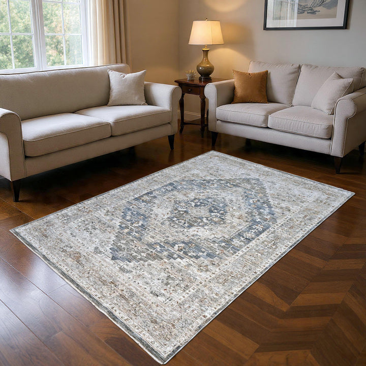 Grey & Blue Abstract Turkish Rug 5X8 ft