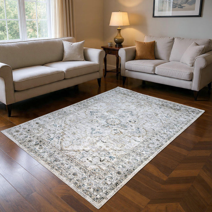 Grey & Beige Floral Turkish Rug 5X8 ft