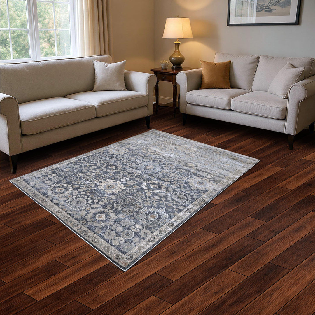 Charcoal Grey Floral Turkish Rug 5X8 ft
