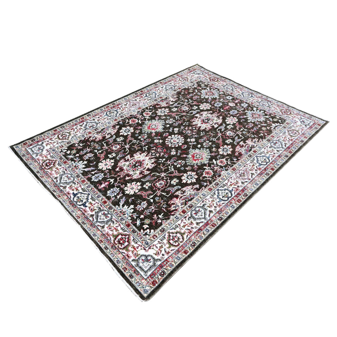 Dark Brown Floral Turkish Rug 5X8 ft