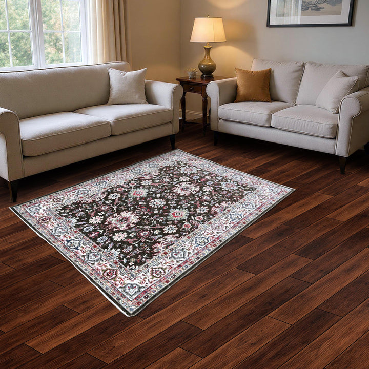 Dark Brown Floral Turkish Rug 5X8 ft