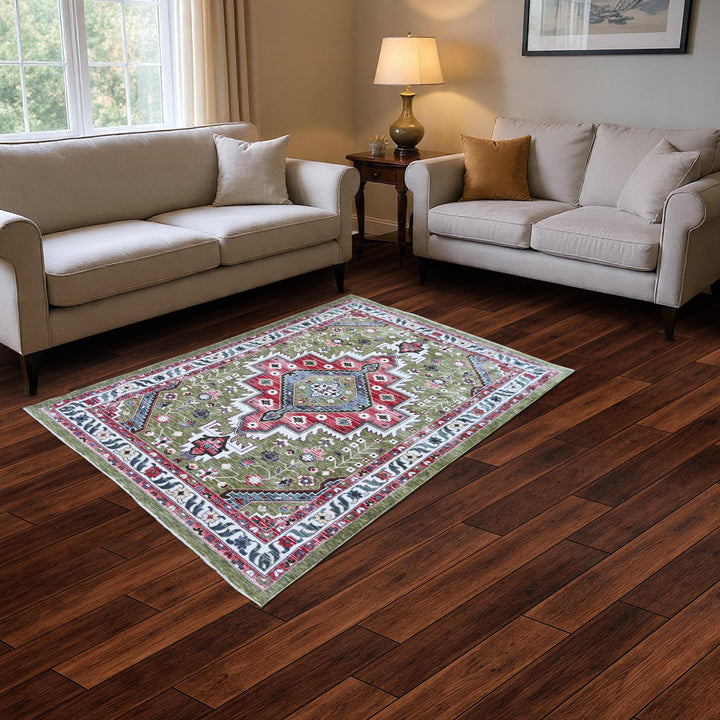 Olive Green & Rust Abstract Turkish Rug 5X8 ft
